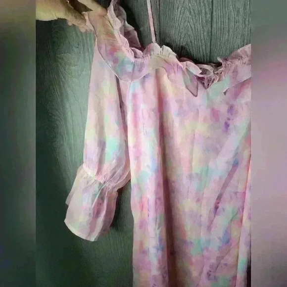 NWT Andre by Unit pastel tye-dyed off the shoulder lined dress in size Large. - Picture 2 of 9